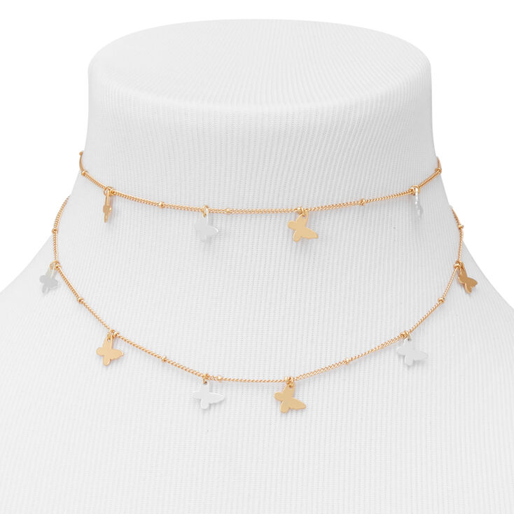 Gold Two Tone Butterfly Multi Strand Choker Necklace,