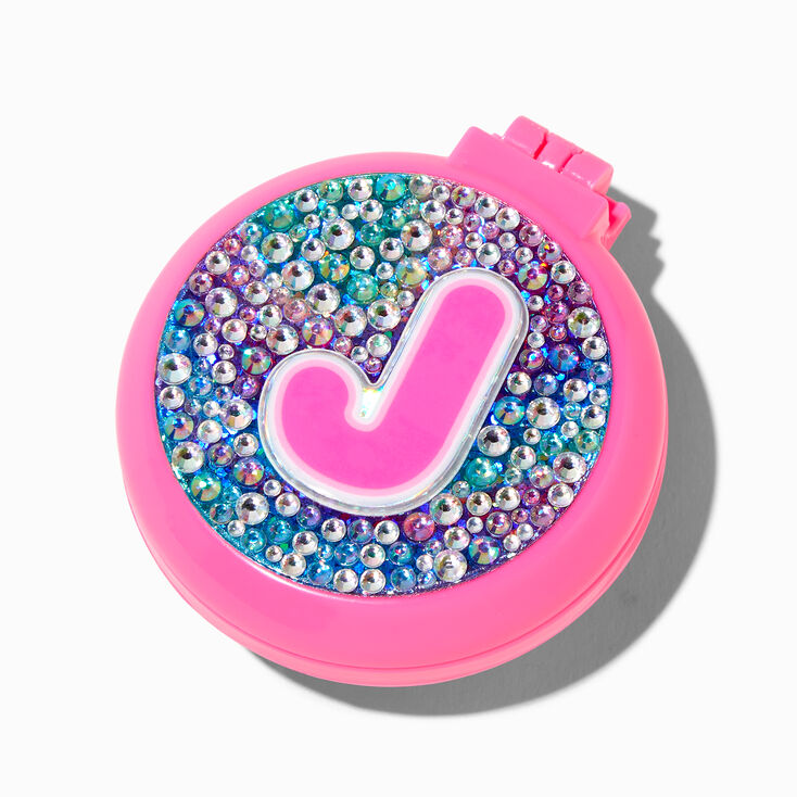 Bejeweled Initial Pop-Up Hair Brush Compact Mirror - J,