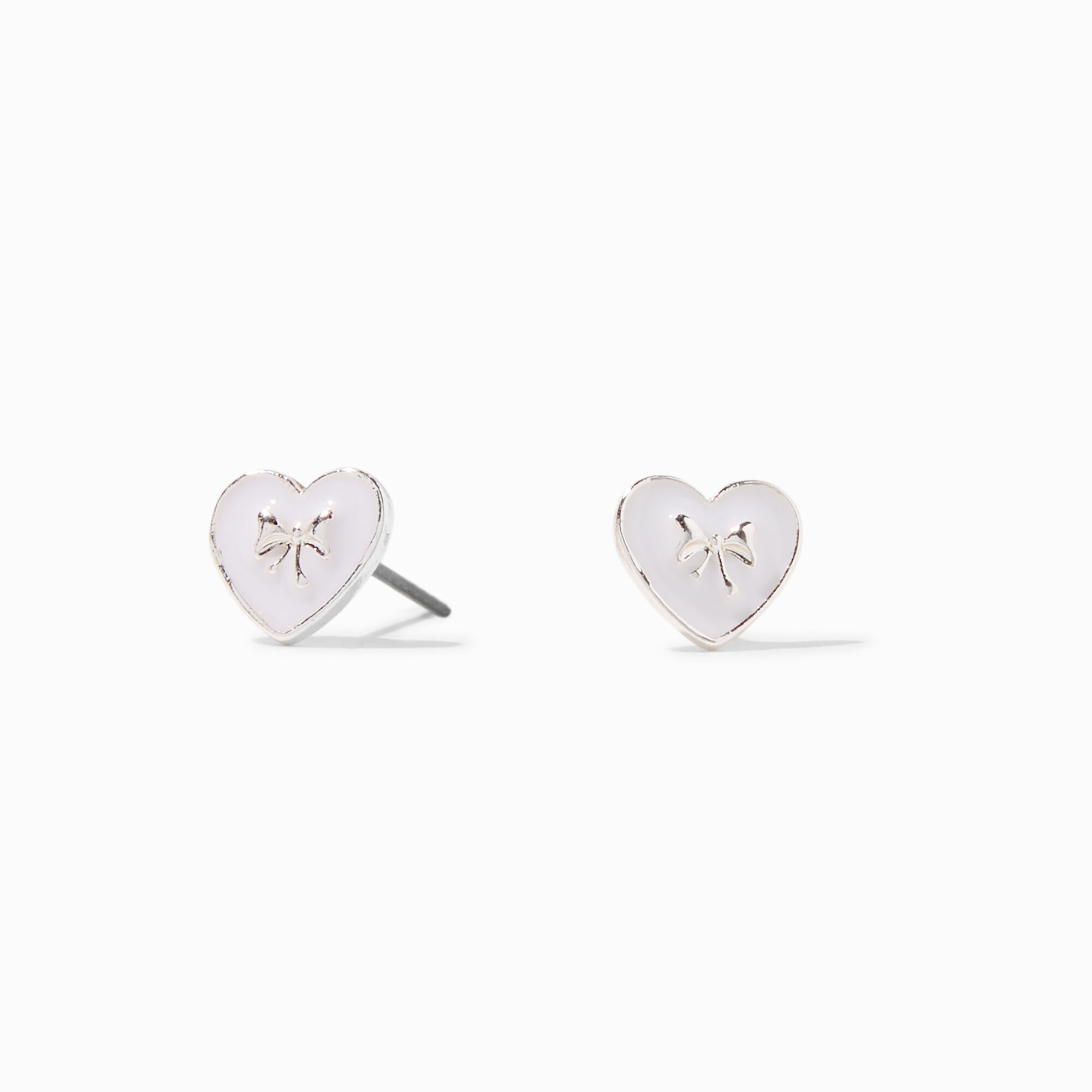 View Claires SilverTone Bow Heart Stud Earrings White information