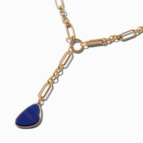 Gold-tone Figaro Chain Blue Lapis Pendant Y-Neck Necklace ,