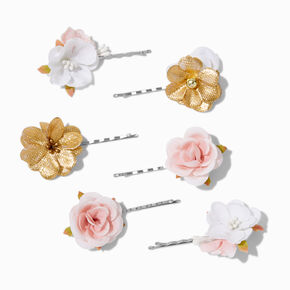 Pink &amp; Gold Mixed Flower Hair Pins - 6 Pack,