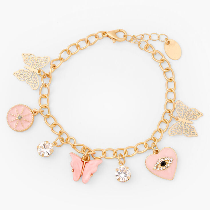 Gold Butterfly Evil Eye Charm Bracelet - Pink,