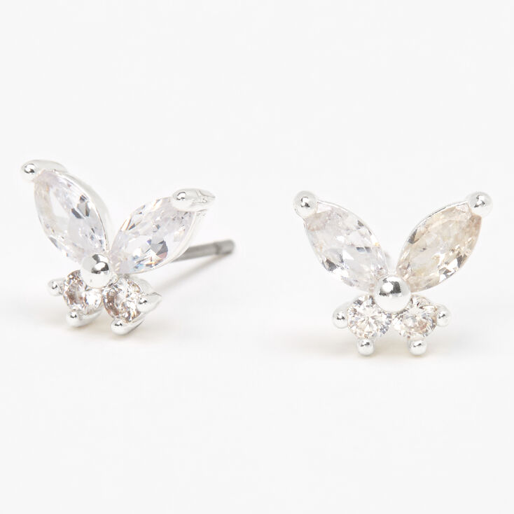 Silver Cubic Zirconia Butterfly Stud Earrings,
