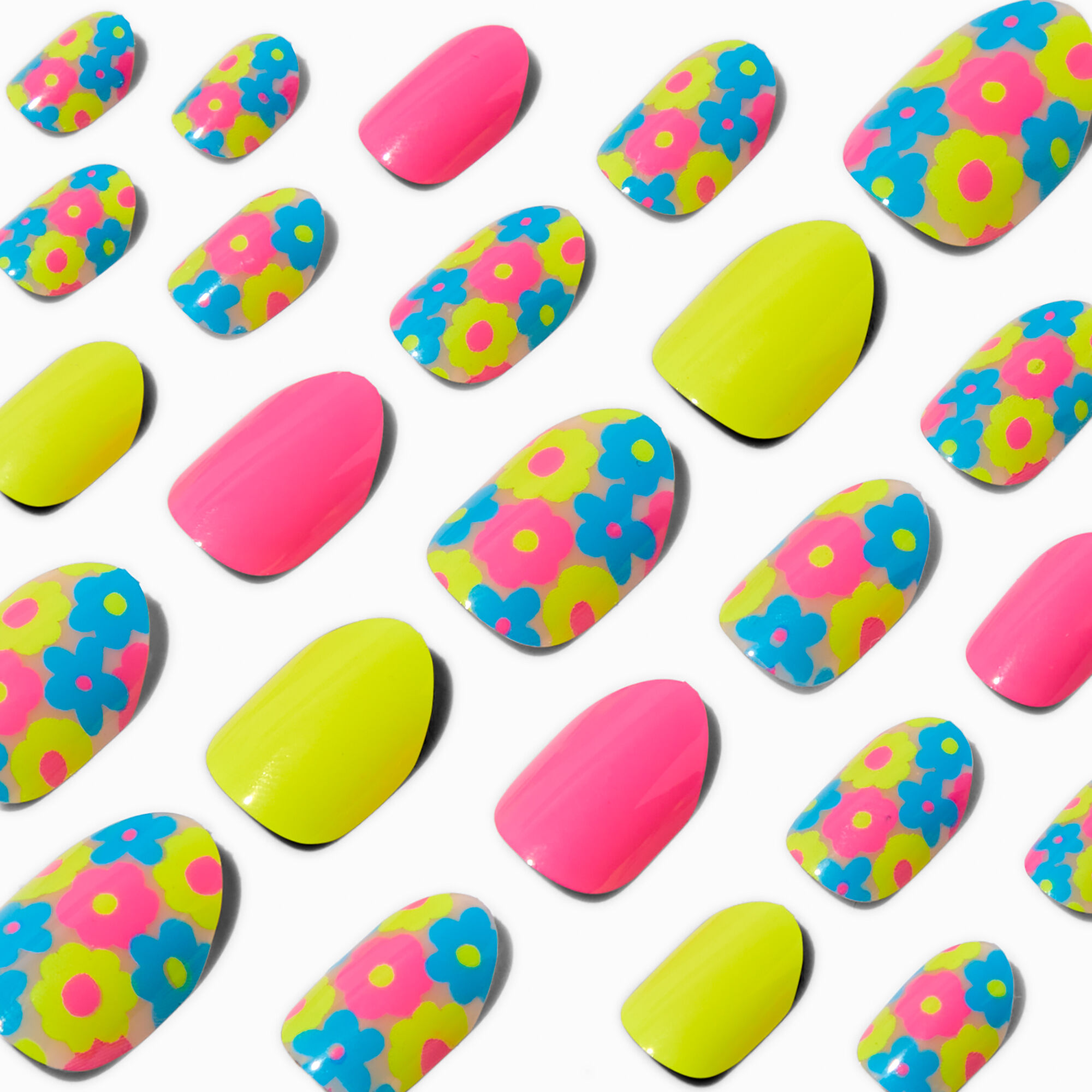 View Claires Neon Daisies Stiletto Vegan Press On Faux Nail Set 24 Pack information