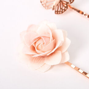 Rose Gold Butterfly Flower Hair Pins - Pink, 6 Pack,