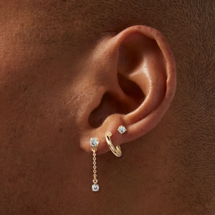 Boucles d&#39;oreilles superposables avec anneaux, cha&icirc;nes et strass couleur dor&eacute;e - Lot de 3,