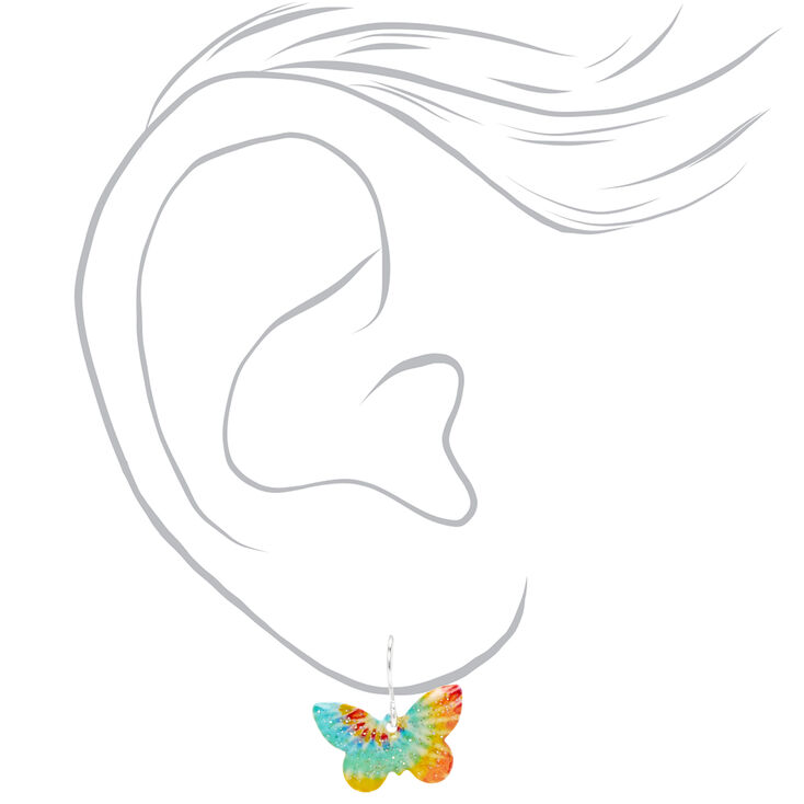 Silver 0.5&quot; Tie Dye Butterfly Drop Earrings,