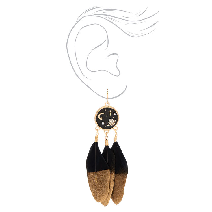 Gold 3.5&quot; Dipped Feather Celestial Drop Earrings - Black,