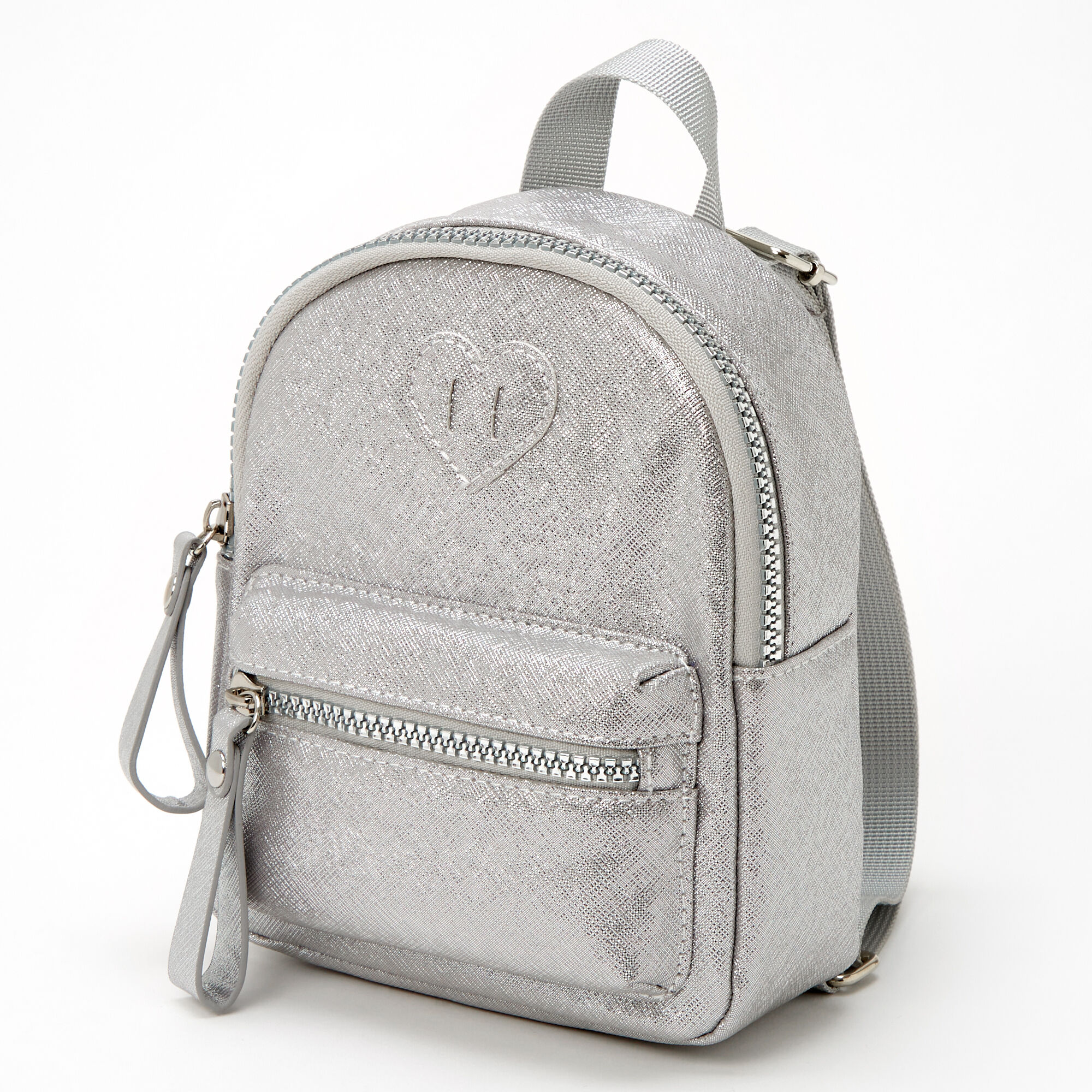 Claire s Club Metallic Heart Mini Backpack Silver Claire s US