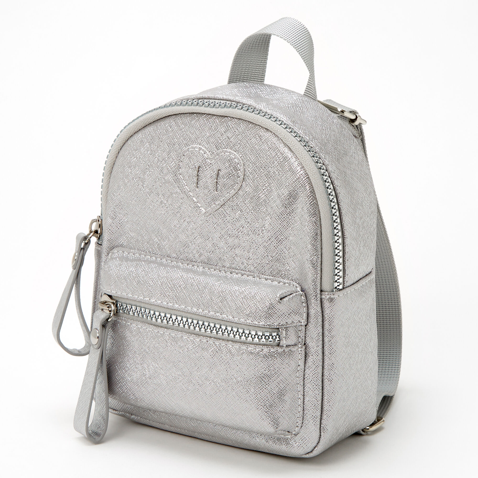 Claire's Club Metallic Heart Mini Backpack - Silver