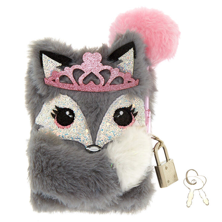 Claire&#39;s Club Fox Plush Lock Notebook - Grey,