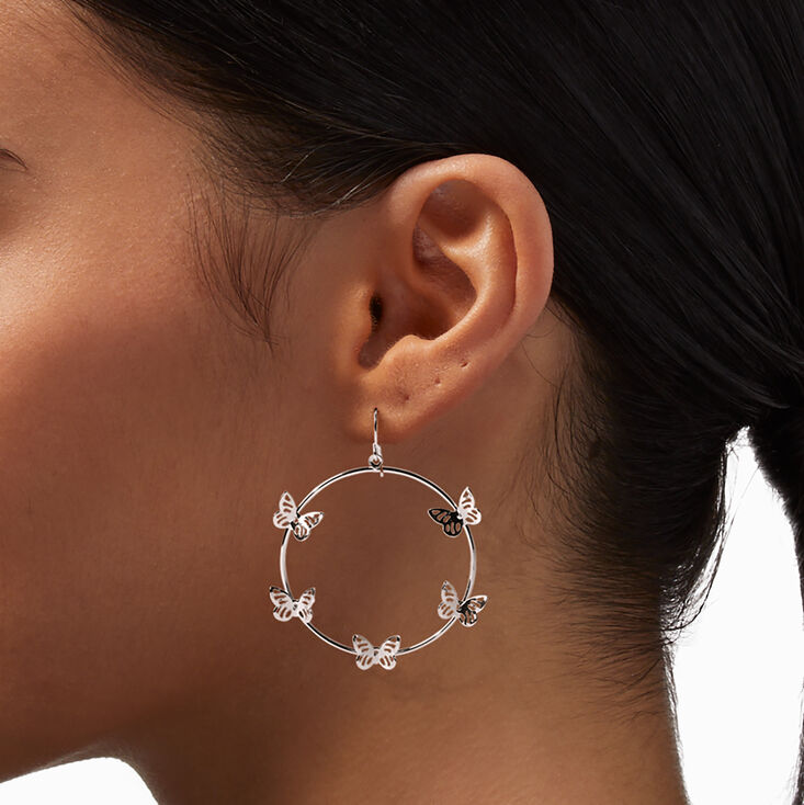 Silver Filigree Butterfly 1&quot; Hoop Drop Earrings,