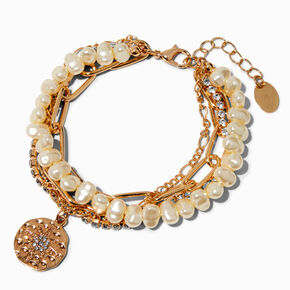 Bracelet multi-rangs superpos&eacute;s perles d&#39;imitation couleur dor&eacute;e,