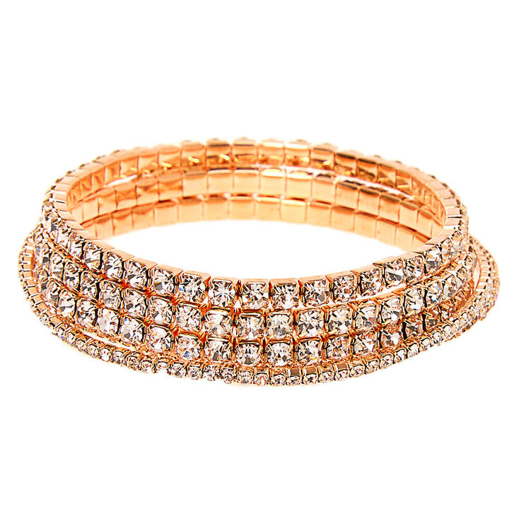 Rose Gold Rhinestone Stretch Bracelets - 5 Pack,