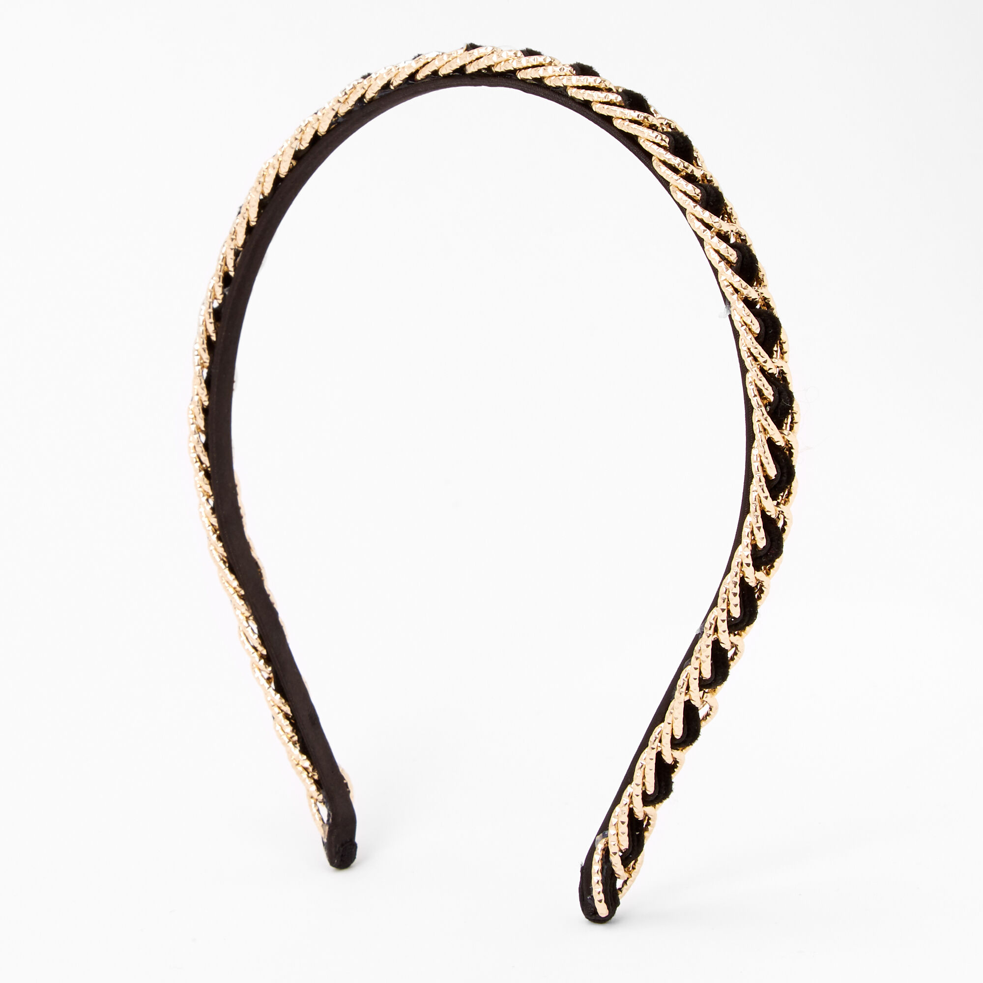 View Claires Velvet Gold Chain Braided Headband Black information