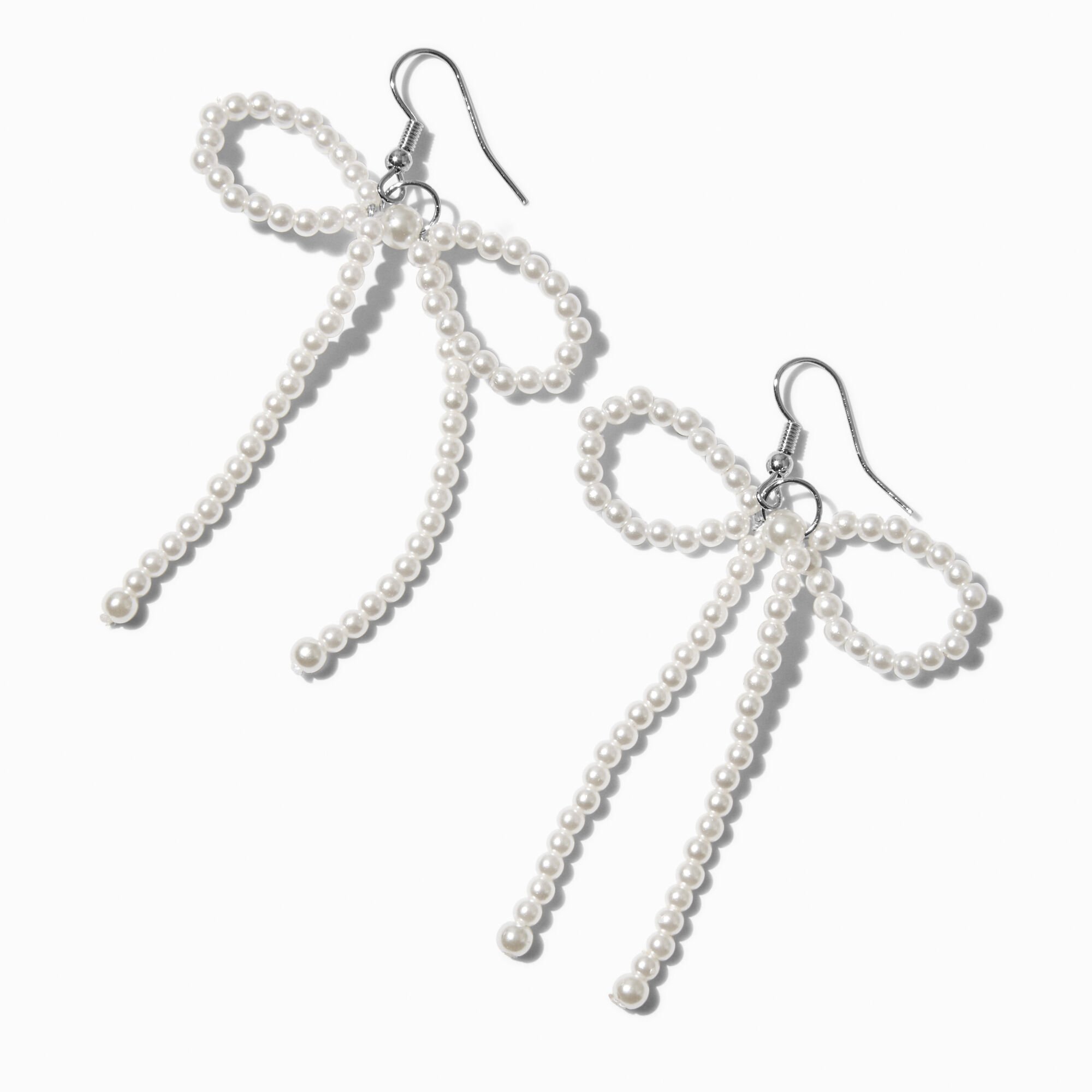 White Pearl Bow 3" Drop Earrings ,