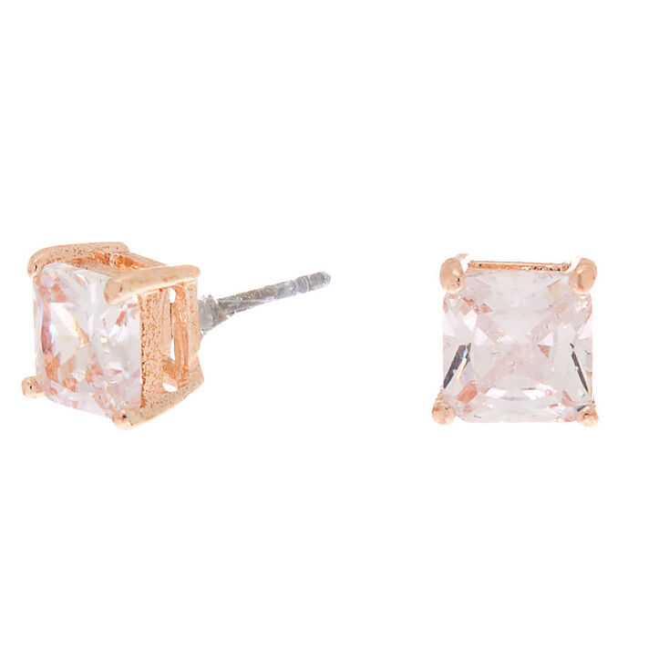 Rose Gold Cubic Zirconia Square Stud Earrings - 6MM,