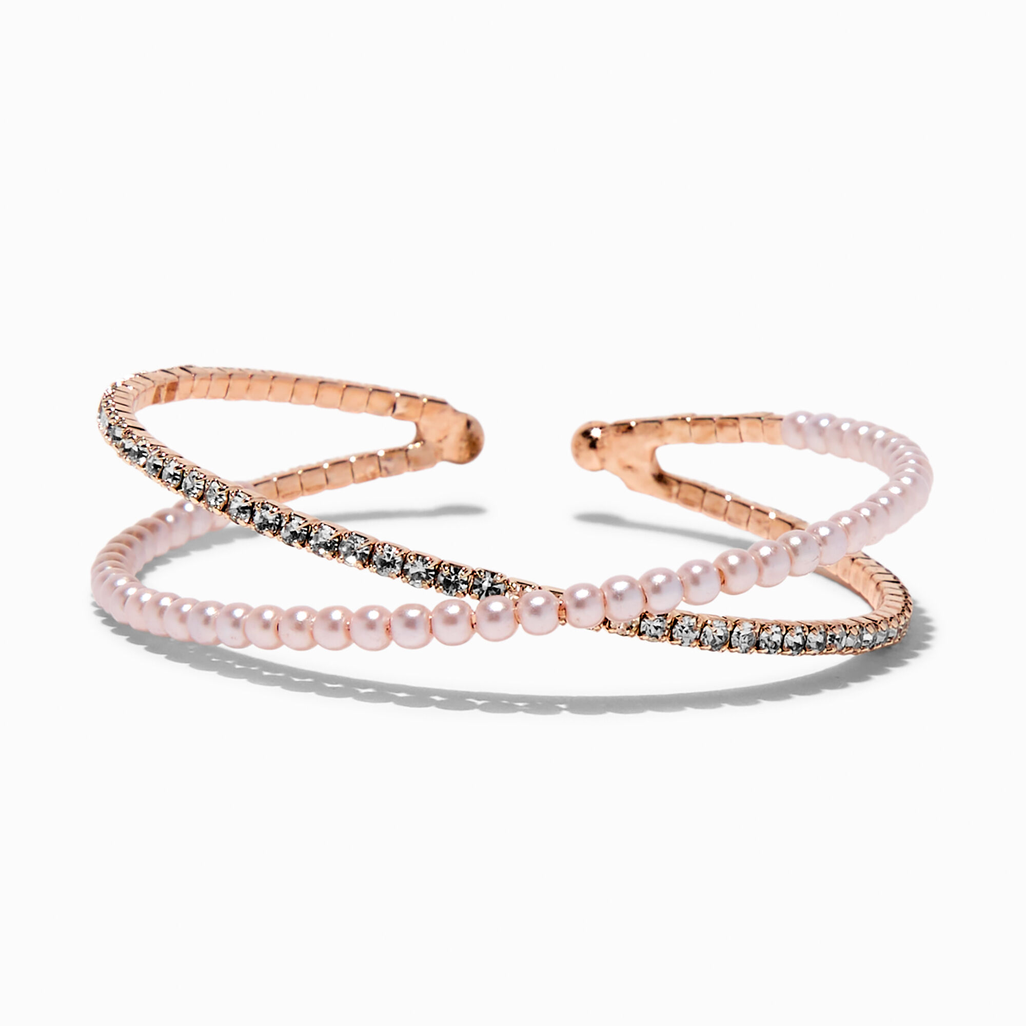 Bracelet manchette motif entrecroisé perle d'imitation rose tendre et strass couleur doré rose,
