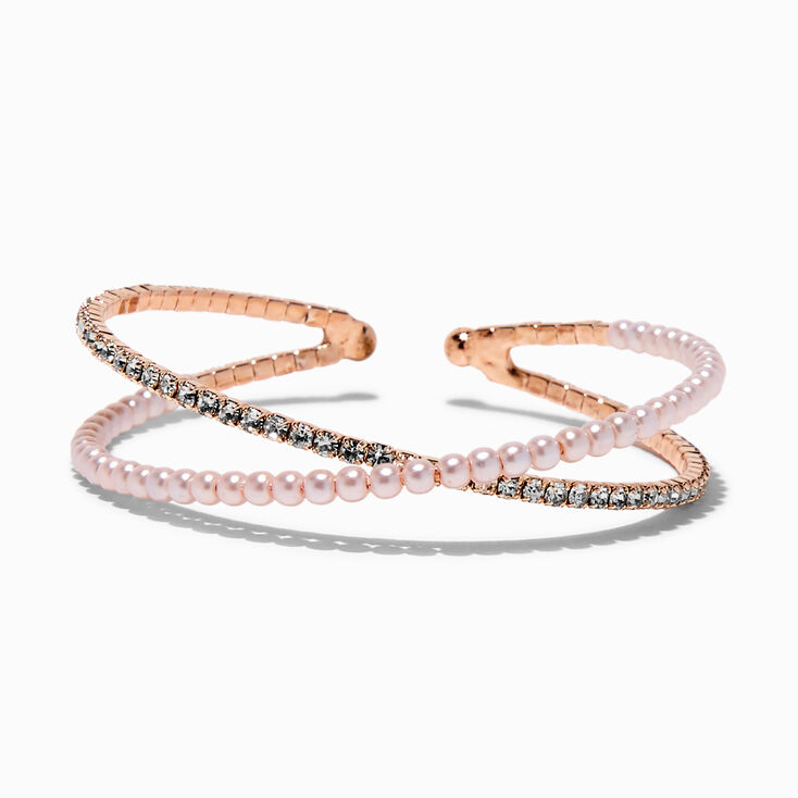 Rose Gold-tone Crystal Blush Pink Pearl Criss Cross Cuff Bracelet,