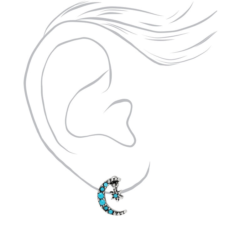 Clous d&rsquo;oreilles perl&eacute;s &eacute;toile et croissant de lune couleur argent&eacute;e - Turquoise,