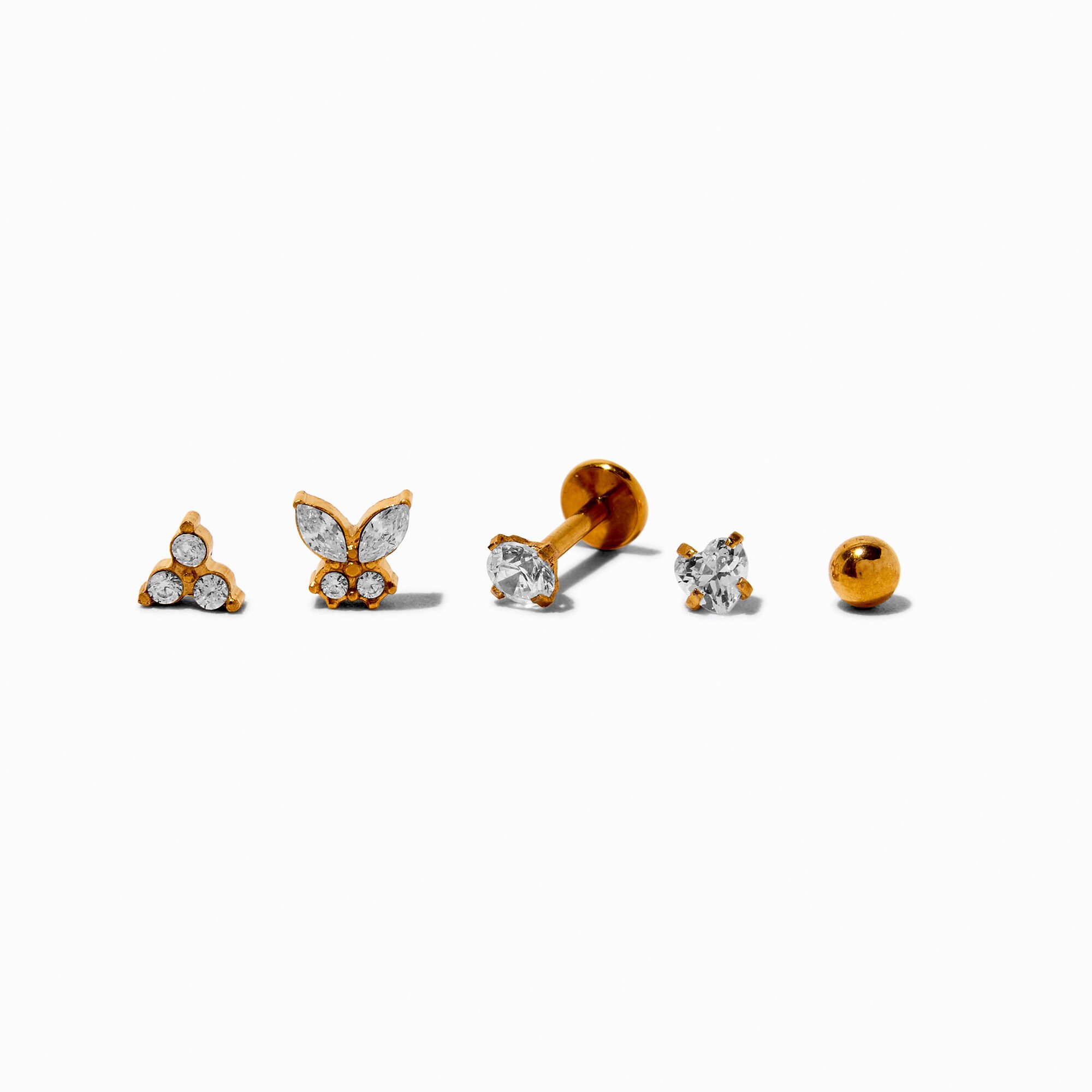 Gold-tone Stainless Steel Cubic Zirconia Butterfly Changeable 18G Tragus Flat Back Earrings - 5 Pack,