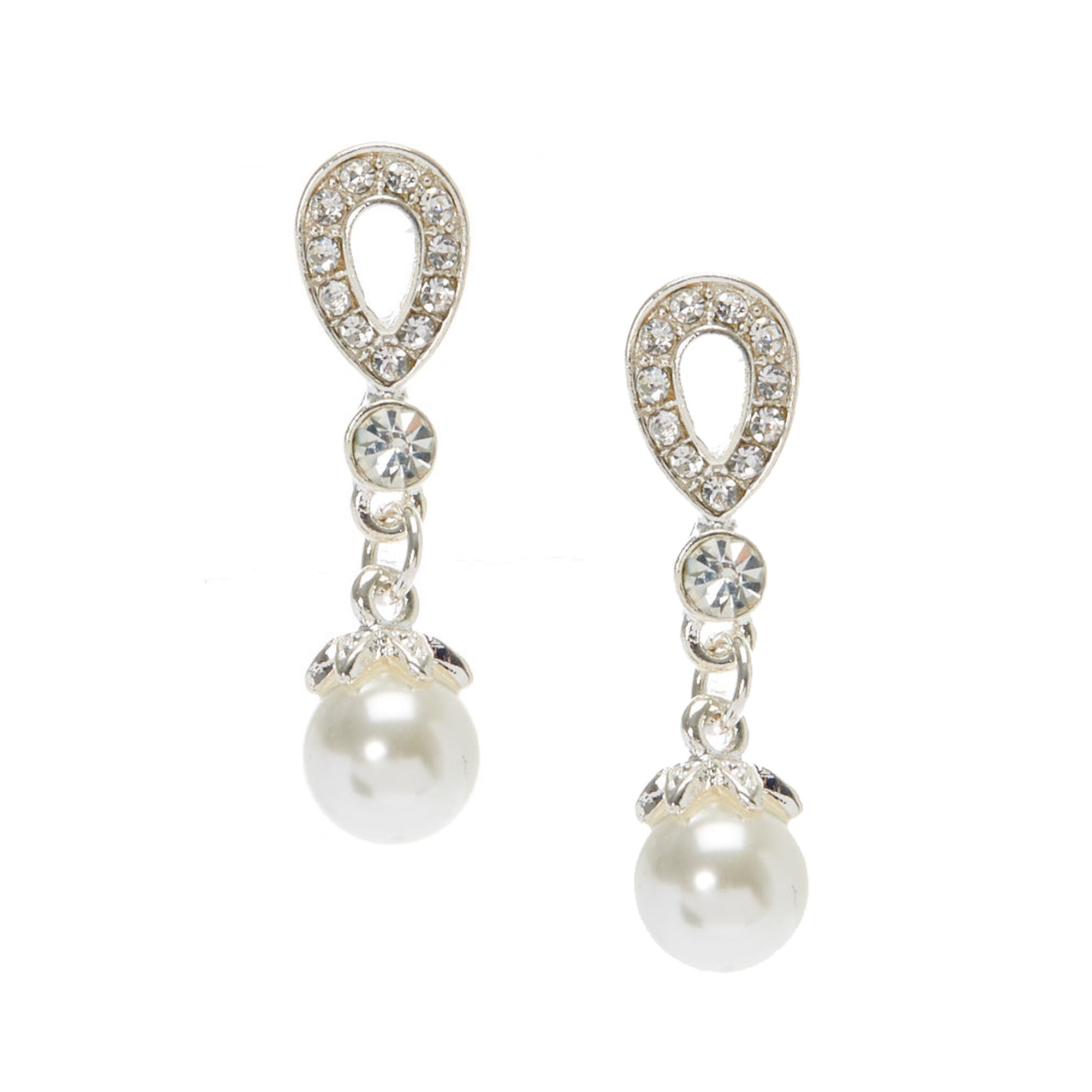 View Claires Crystal 1 Teardrop Pearl Drop Earrings Ivory information