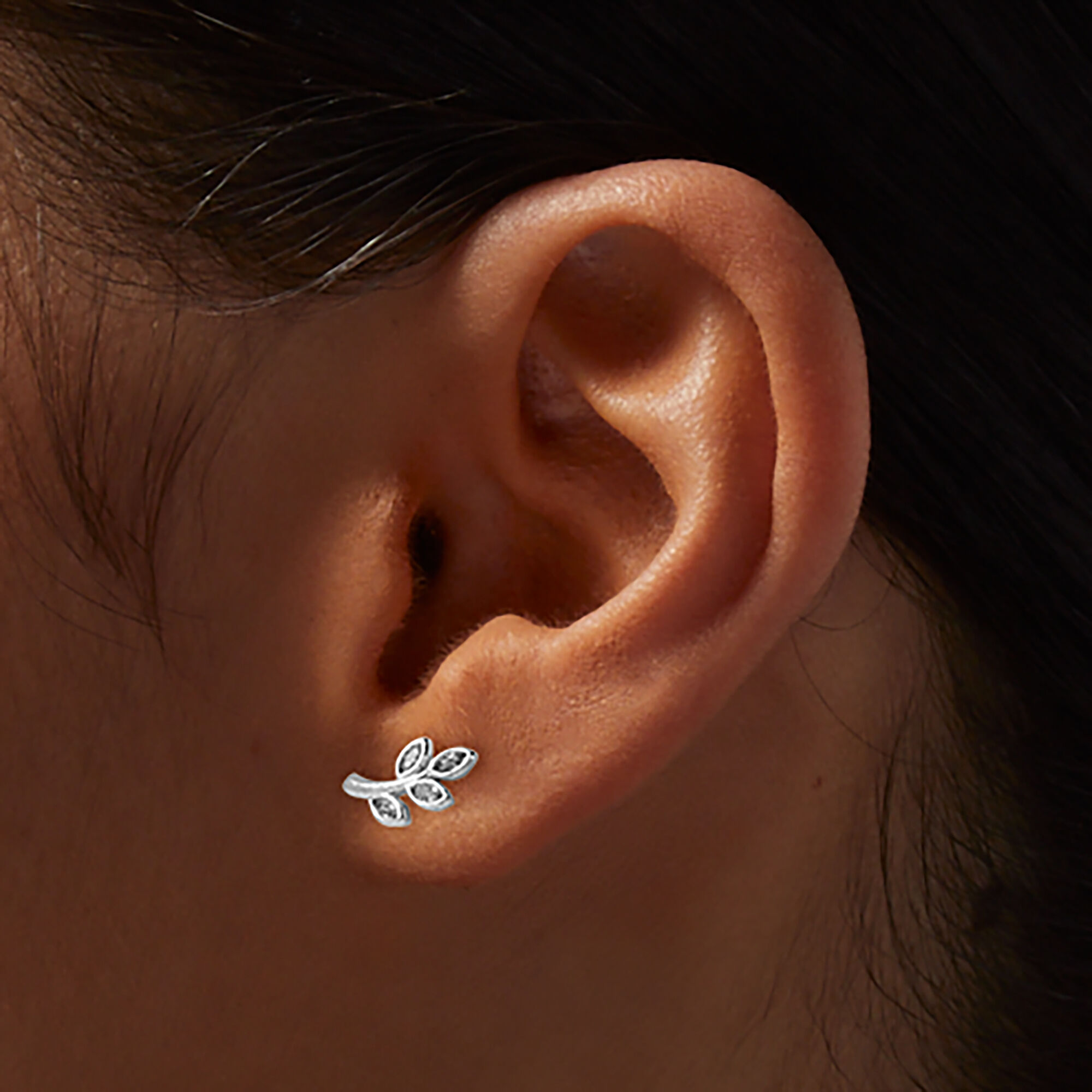 Cubic Zirconia Wispy Leaf Silver-tone Stud Earrings