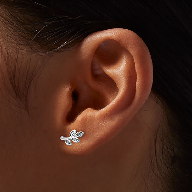 Cubic Zirconia Wispy Leaf Silver-tone Stud Earrings,