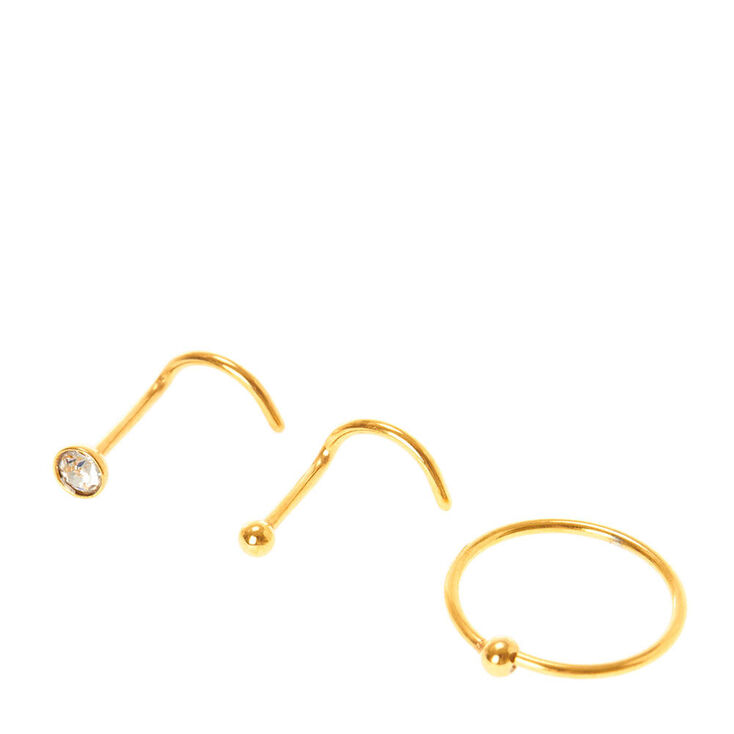 Gold 20G Mixed Stud &amp; Hoop Nose Rings - 3 Pack,