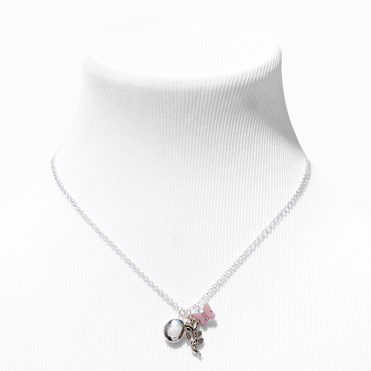 Silver Locket Rose &amp; Butterfly Pendant Necklace,