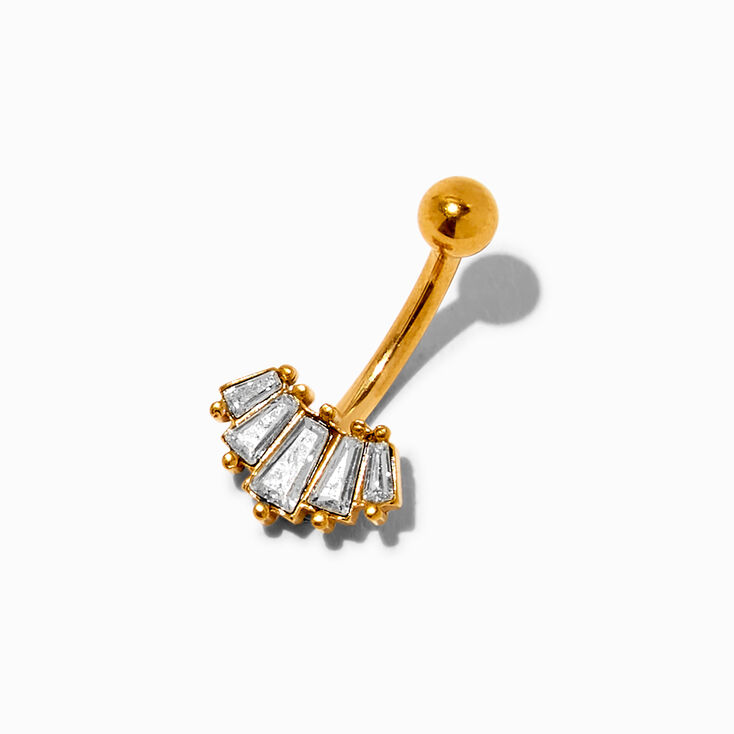 Gold-tone Titanium Cubic Zirconia Baguette 14G Belly Bar,