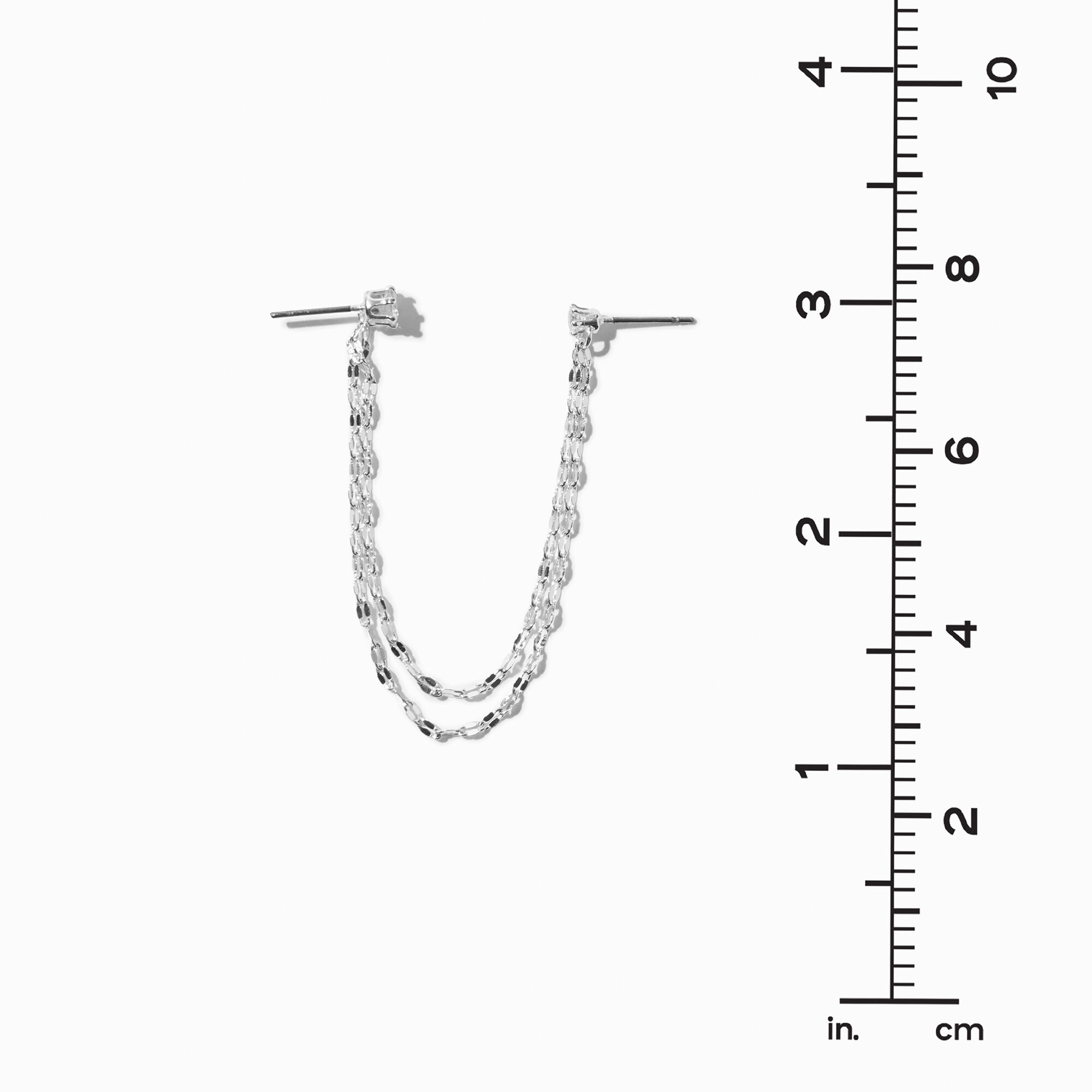 Silver-tone Cubic Zirconia Connector Chain Stud Earrings