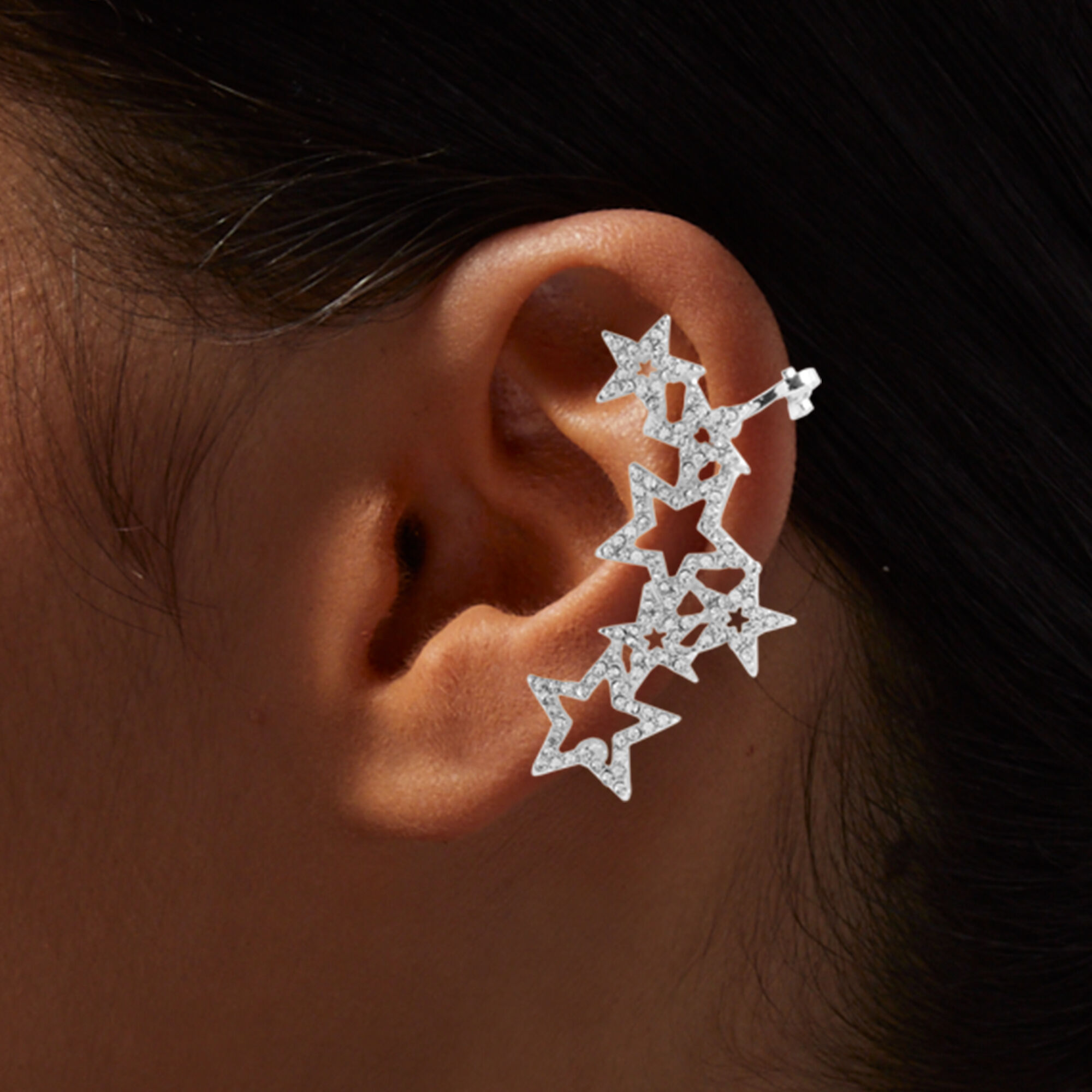 Crystal Stars Silver tone Crawler Ear Cuff