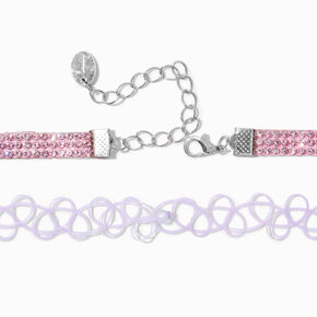 Ras-de-cou c&oelig;ur effet tatouage violet et strass roses - Lot de 2,