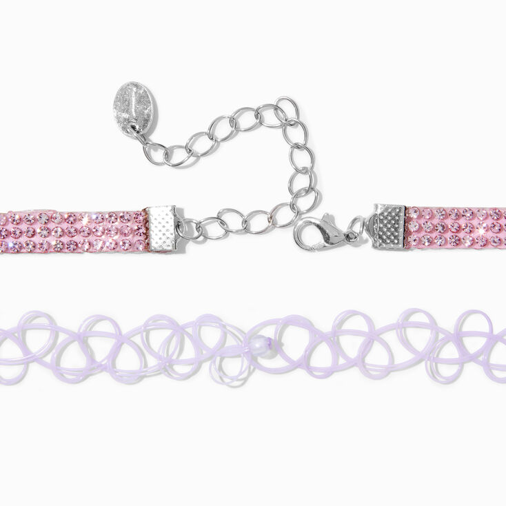 Ras-de-cou c&oelig;ur effet tatouage violet et strass roses - Lot de 2,