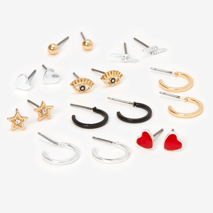 Mixed Metal Eyes &amp; Hearts Earrings Set - 9 Pack,