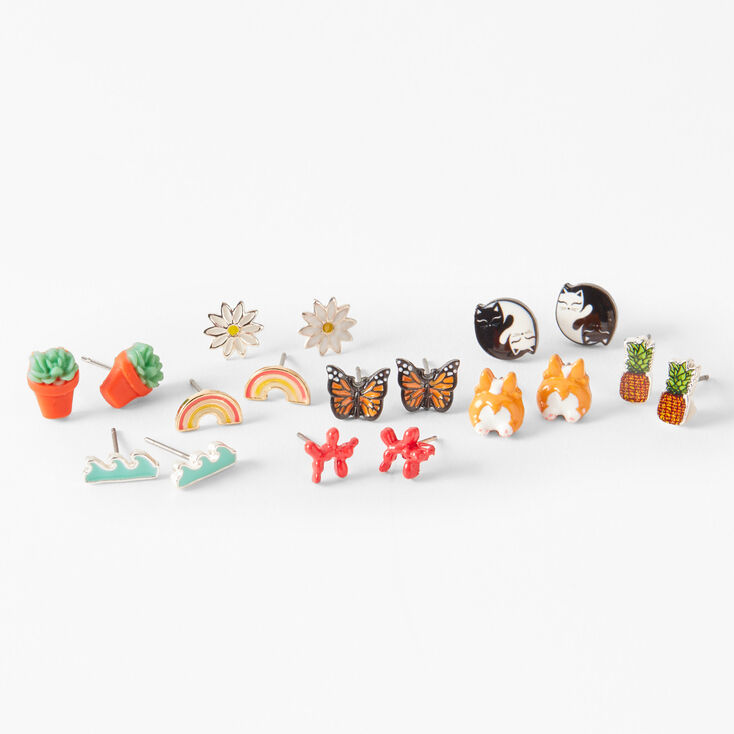 Happy Cat &amp; Corgi Stud Earrings - 9 Pack,