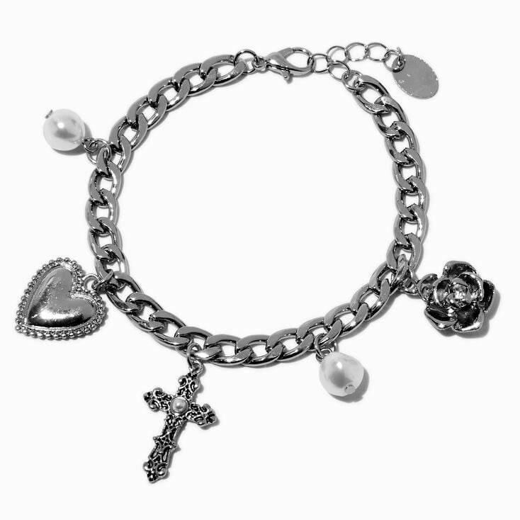 Silver-tone Cross, Heart, Rose &amp; Pearl Charm Bracelet,
