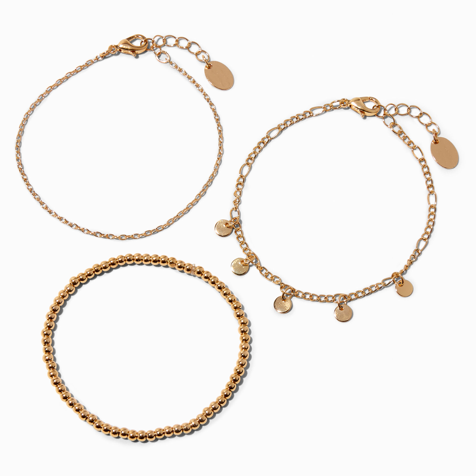View Claires Recycled Jewelry Tone Disc Charm Bracelet Set 3 Pack Gold information