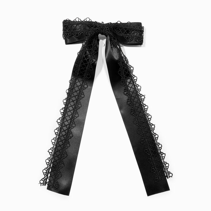 Black Satin Lace Trim Long Tail Hair Bow Clip,