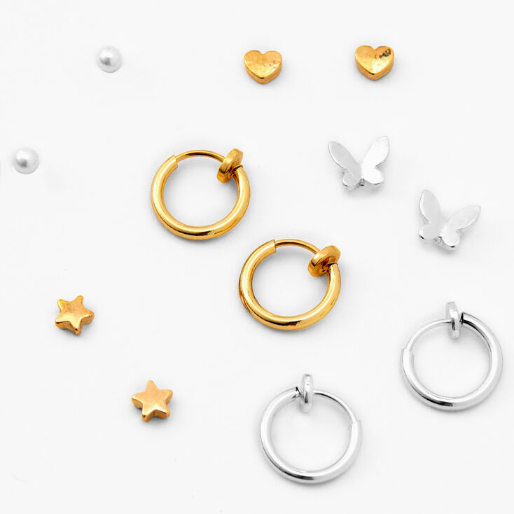  Magnetic &amp; Clip On Mixed Stud And Hoop Earrings - 6 Pack,