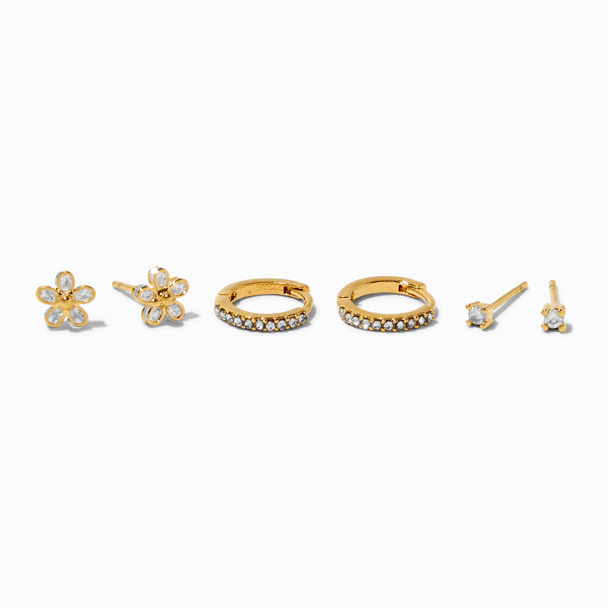 View C Luxe By Claires 18K Gold Plated Cubic Zirconia Flower Studs Hoop Earrings 3 Pack Yellow information