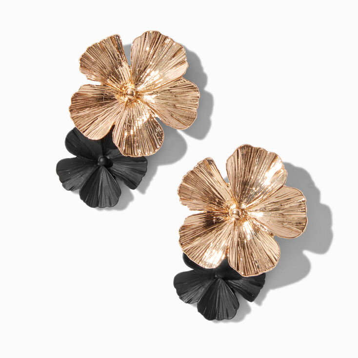 Gold &amp; Black Flower Drop Earrings,