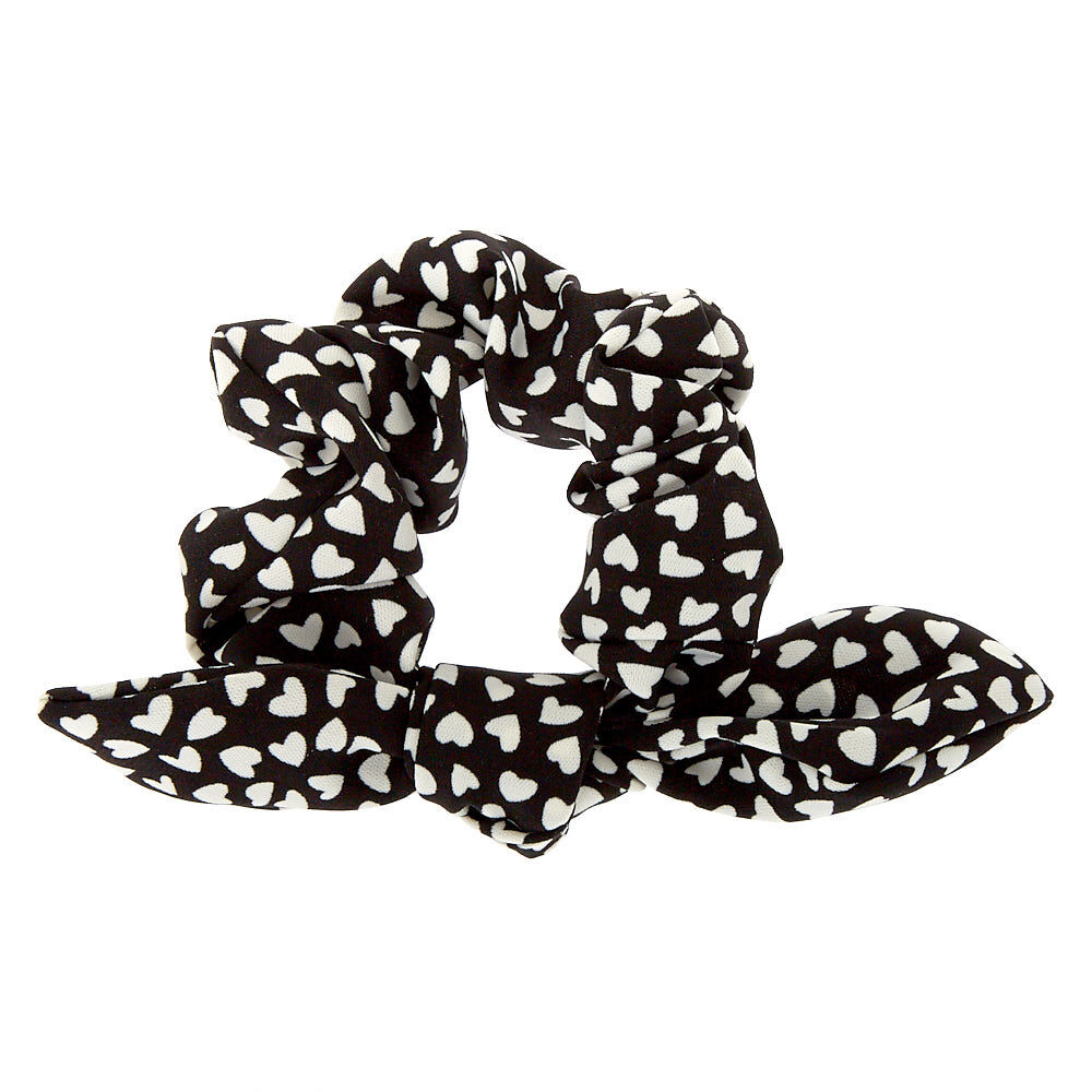 Black & White Heart Polka Dot Knotted Bow Hair Scrunchie,