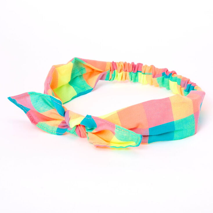Neon Rainbow Gingham Knotted Bow Headwrap | Claire's US