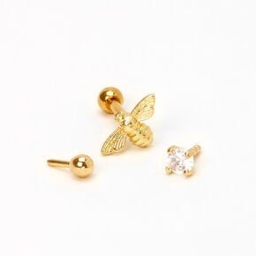 Gold-tone 16G Bee, Crystal &amp; Ball Cartilage Stud Earrings - 3 Pack,