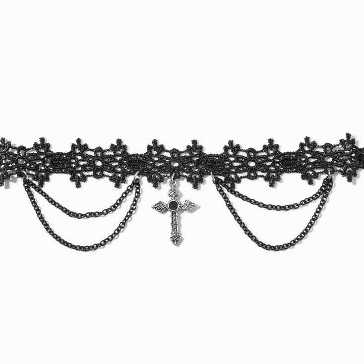 Goth Bride Black Lace Cross Choker Necklace,