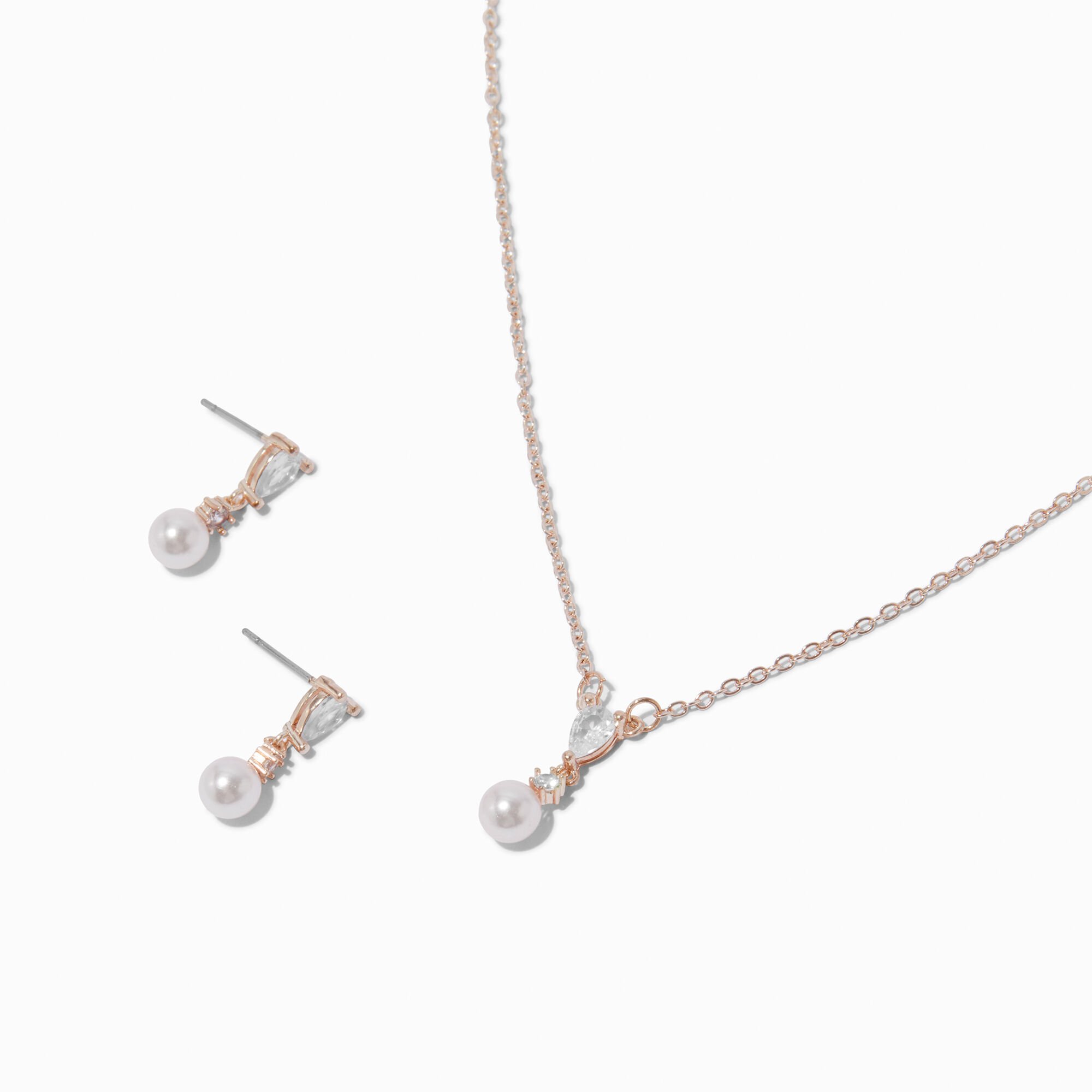 Rose Gold-tone Cubic Zirconia Blush Pink Pearl Jewelry Set - 2 Pack,