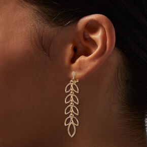 Gold-tone Textured Leaf 2&quot; Clip On Drop Earrings,