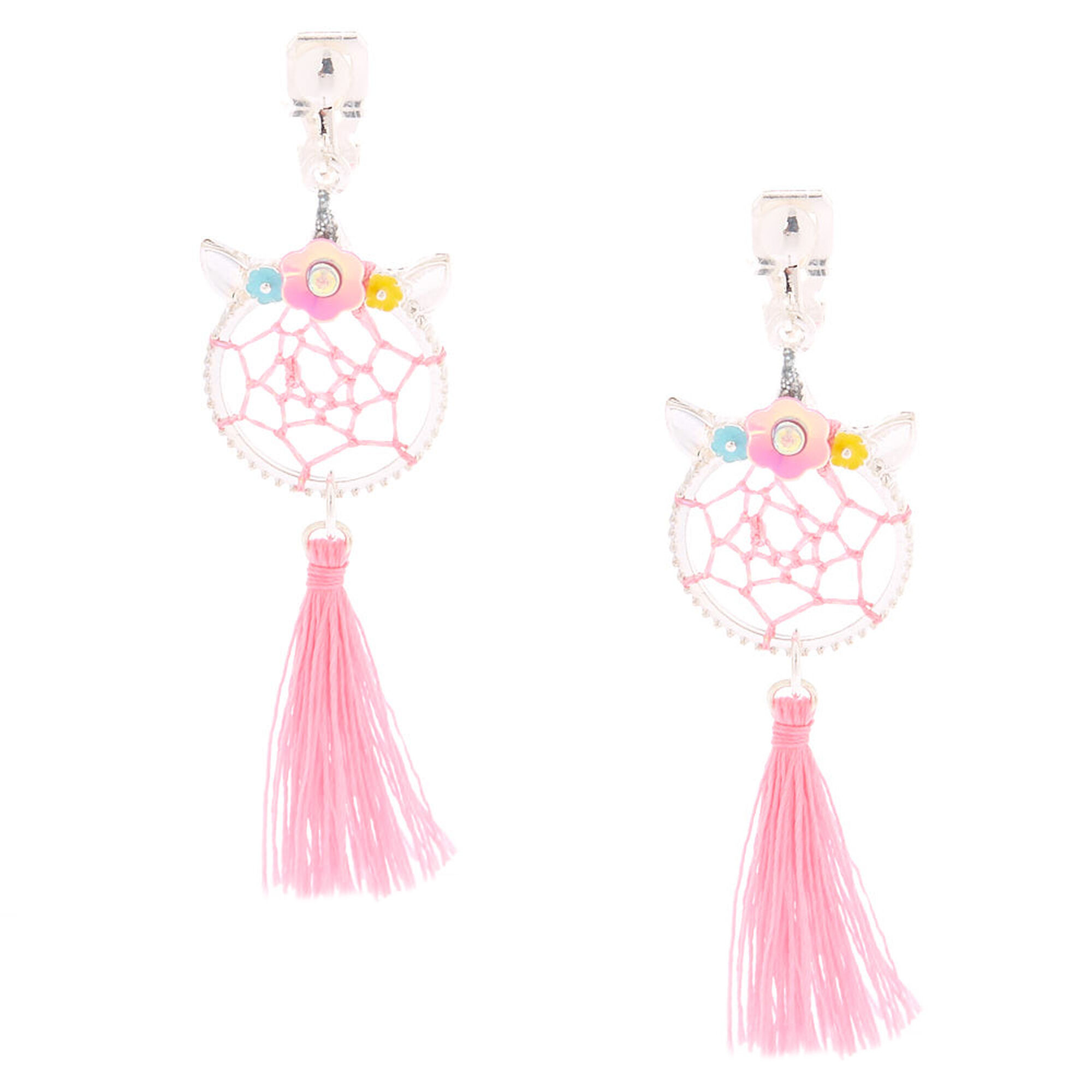 View Claires 2 Unicorn Dreamcatcher Clip On Drop Earrings Pink information